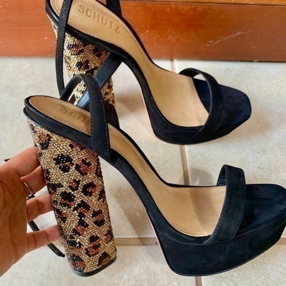Schutz Adneia Leopard Print Heel Rhinestone